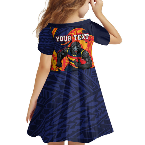 Personalized Adelaide Crows Kid Short Sleeve Dress Polynesian Tribal Crow Mascot With Hibiscus Floral Art