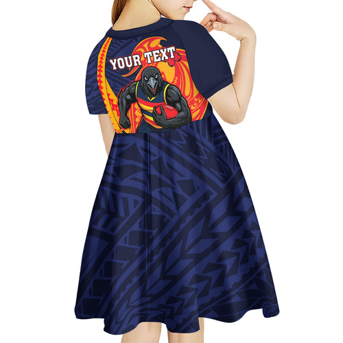 Personalized Adelaide Crows Kid Short Sleeve Dress Polynesian Tribal Crow Mascot With Hibiscus Floral Art