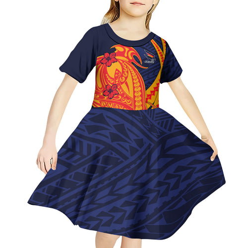 Personalized Adelaide Crows Kid Short Sleeve Dress Polynesian Tribal Crow Mascot With Hibiscus Floral Art