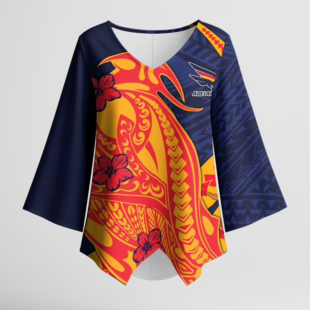 Personalized Adelaide Crows Kimono Sleeve Blouse Polynesian Tribal Crow Mascot With Hibiscus Floral Art