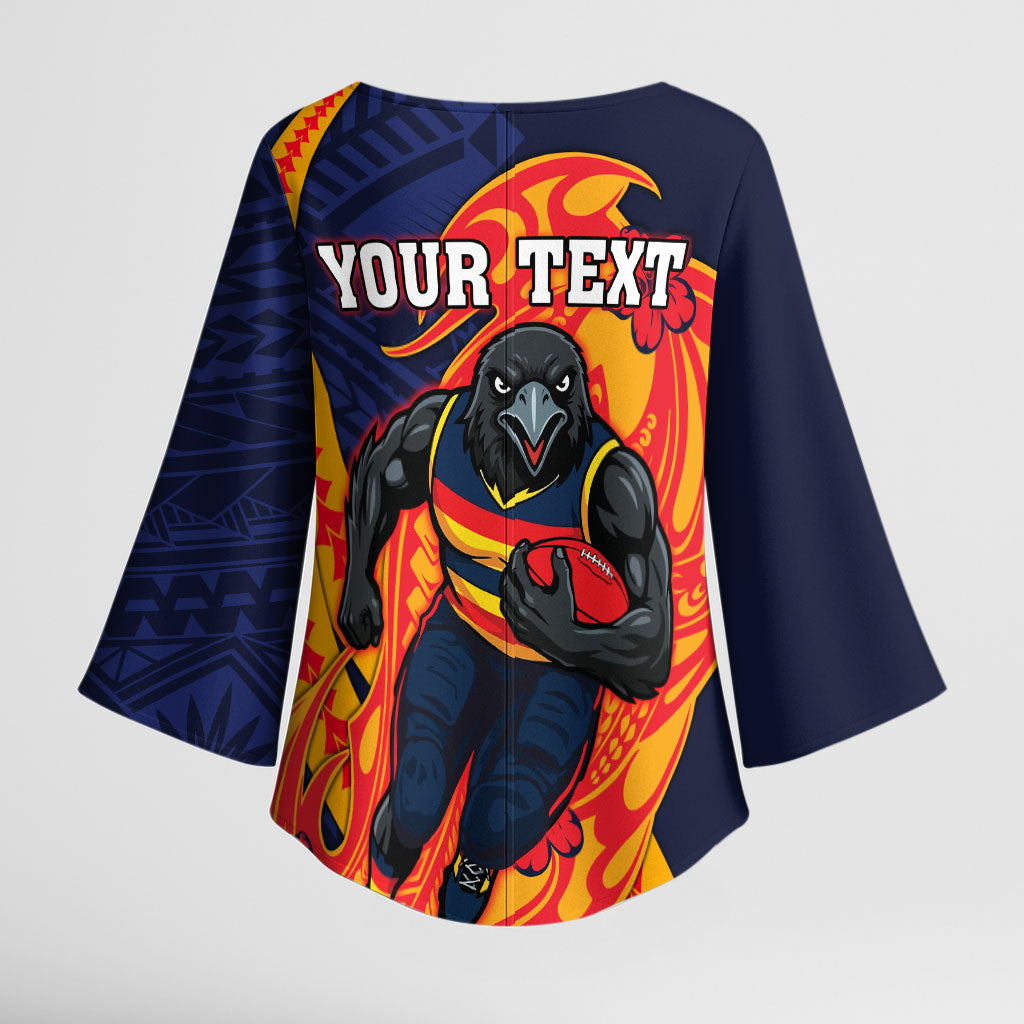Personalized Adelaide Crows Kimono Sleeve Blouse Polynesian Tribal Crow Mascot With Hibiscus Floral Art