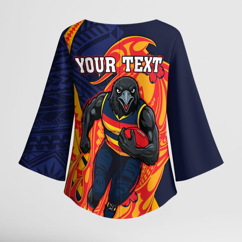 Personalized Adelaide Crows Kimono Sleeve Blouse Polynesian Tribal Crow Mascot With Hibiscus Floral Art