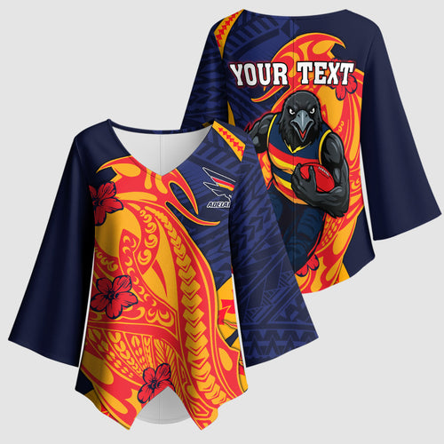 Personalized Adelaide Crows Kimono Sleeve Blouse Polynesian Tribal Crow Mascot With Hibiscus Floral Art