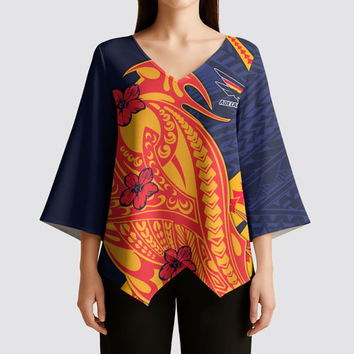 Personalized Adelaide Crows Kimono Sleeve Blouse Polynesian Tribal Crow Mascot With Hibiscus Floral Art