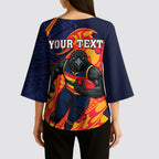 Personalized Adelaide Crows Kimono Sleeve Blouse Polynesian Tribal Crow Mascot With Hibiscus Floral Art