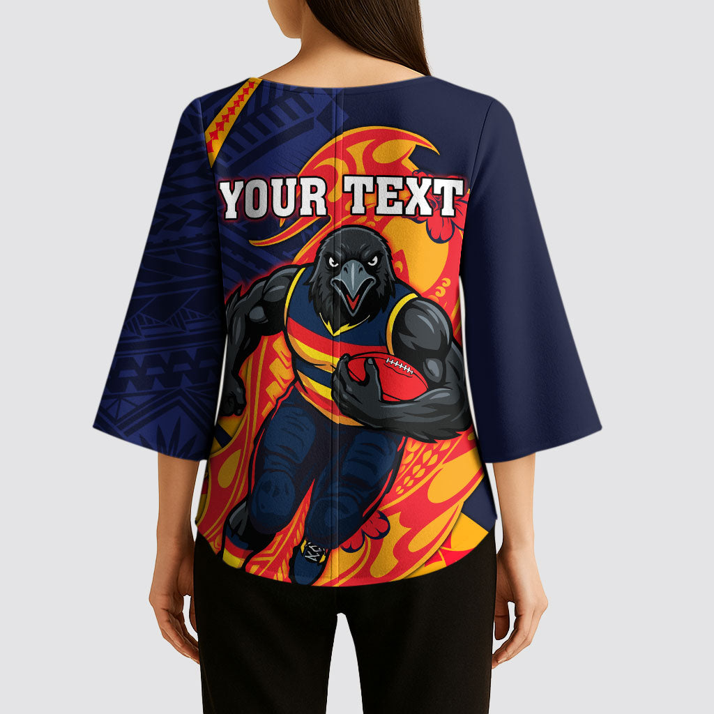 Personalized Adelaide Crows Kimono Sleeve Blouse Polynesian Tribal Crow Mascot With Hibiscus Floral Art