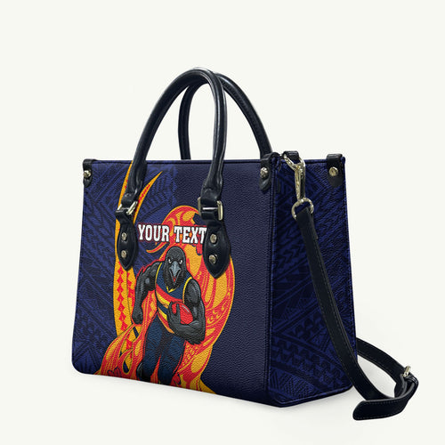 Personalized Adelaide Crows Leather Bag Polynesian Tribal Crow Mascot With Hibiscus Floral Art