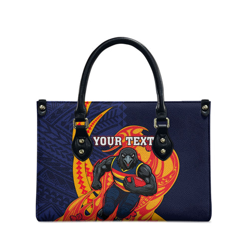 Personalized Adelaide Crows Leather Bag Polynesian Tribal Crow Mascot With Hibiscus Floral Art