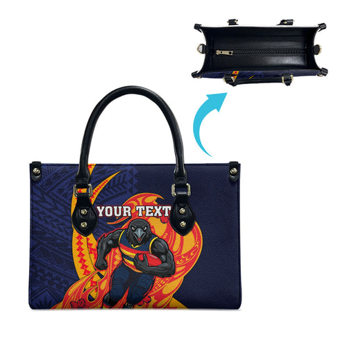 Personalized Adelaide Crows Leather Bag Polynesian Tribal Crow Mascot With Hibiscus Floral Art