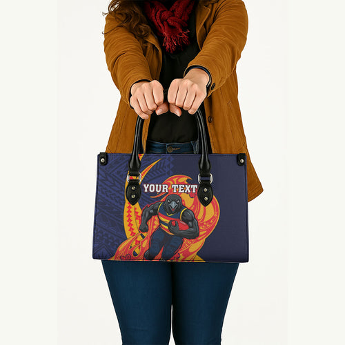 Personalized Adelaide Crows Leather Bag Polynesian Tribal Crow Mascot With Hibiscus Floral Art