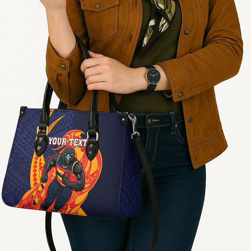 Personalized Adelaide Crows Leather Bag Polynesian Tribal Crow Mascot With Hibiscus Floral Art
