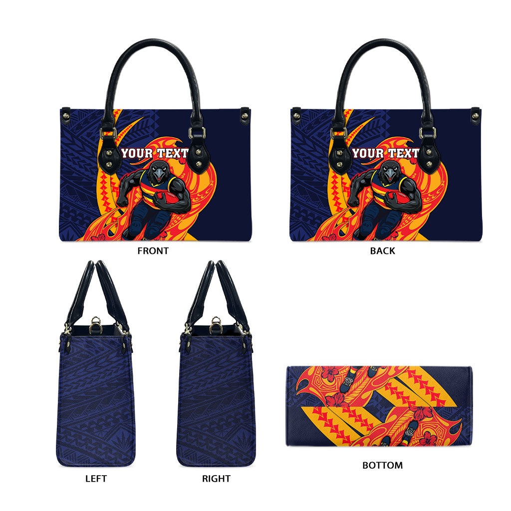 Personalized Adelaide Crows Leather Bag Polynesian Tribal Crow Mascot With Hibiscus Floral Art