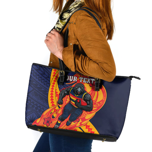 Personalized Adelaide Crows Leather Tote Bag Polynesian Tribal Crow Mascot With Hibiscus Floral Art