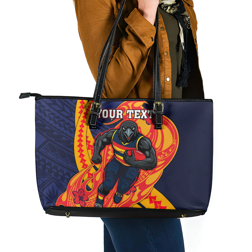 Personalized Adelaide Crows Leather Tote Bag Polynesian Tribal Crow Mascot With Hibiscus Floral Art