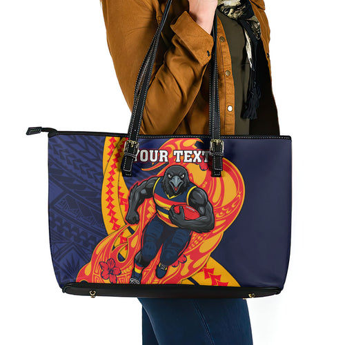 Personalized Adelaide Crows Leather Tote Bag Polynesian Tribal Crow Mascot With Hibiscus Floral Art