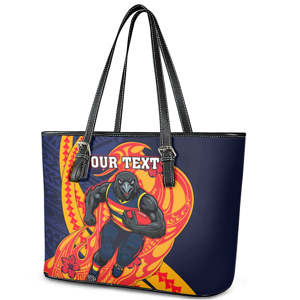 Personalized Adelaide Crows Leather Tote Bag Polynesian Tribal Crow Mascot With Hibiscus Floral Art