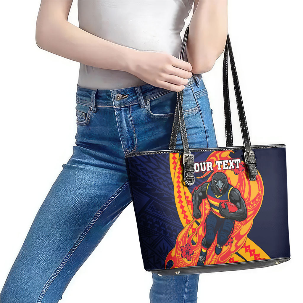 Personalized Adelaide Crows Leather Tote Bag Polynesian Tribal Crow Mascot With Hibiscus Floral Art