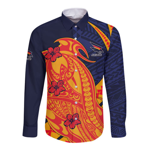 Personalized Adelaide Crows Long Sleeve Button Shirt Polynesian Tribal Crow Mascot With Hibiscus Floral Art
