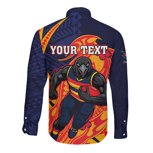 Personalized Adelaide Crows Long Sleeve Button Shirt Polynesian Tribal Crow Mascot With Hibiscus Floral Art