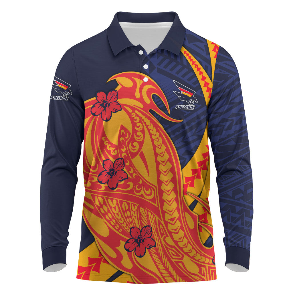 Personalized Adelaide Crows Long Sleeve Polo Shirt Polynesian Tribal Crow Mascot With Hibiscus Floral Art