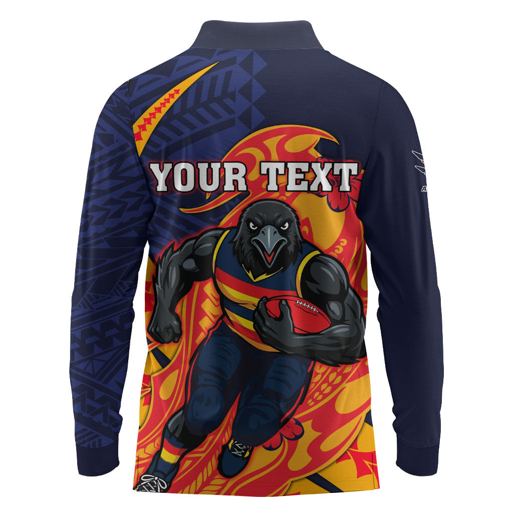 Personalized Adelaide Crows Long Sleeve Polo Shirt Polynesian Tribal Crow Mascot With Hibiscus Floral Art