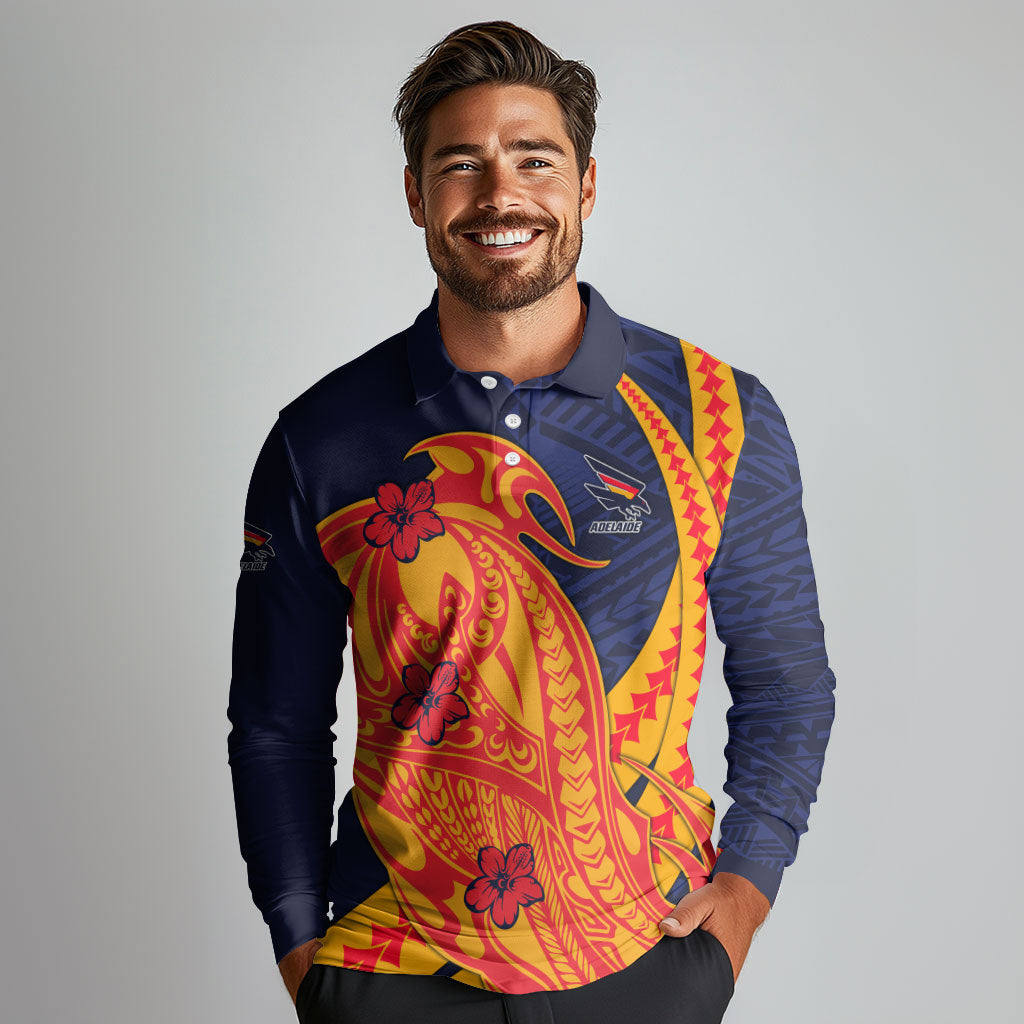 Personalized Adelaide Crows Long Sleeve Polo Shirt Polynesian Tribal Crow Mascot With Hibiscus Floral Art