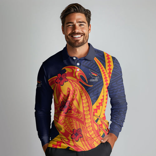 Personalized Adelaide Crows Long Sleeve Polo Shirt Polynesian Tribal Crow Mascot With Hibiscus Floral Art