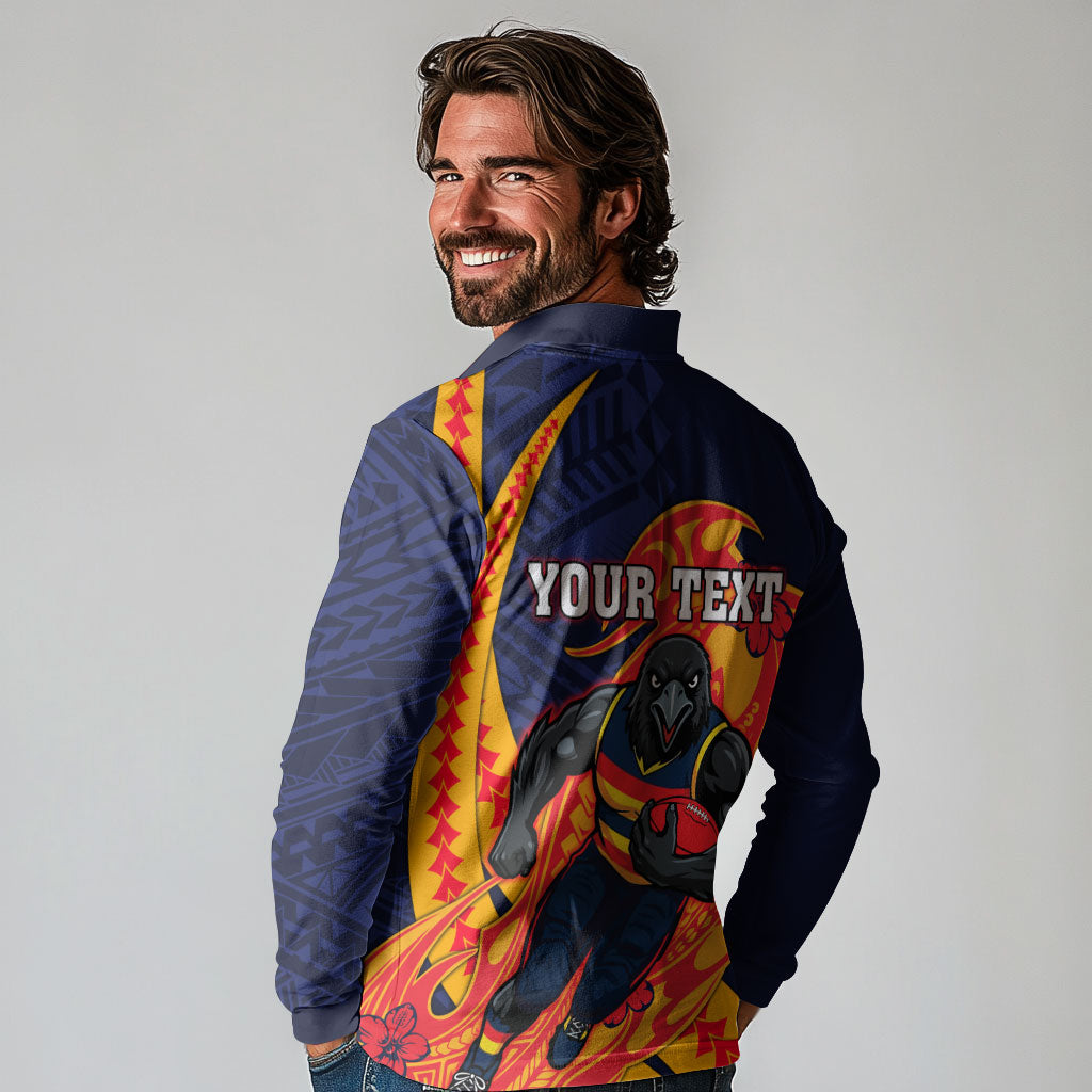 Personalized Adelaide Crows Long Sleeve Polo Shirt Polynesian Tribal Crow Mascot With Hibiscus Floral Art