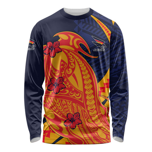 Personalized Adelaide Crows Long Sleeve Shirt Polynesian Tribal Crow Mascot With Hibiscus Floral Art
