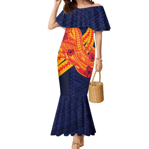 Personalized Adelaide Crows Mermaid Dress Polynesian Tribal Crow Mascot With Hibiscus Floral Art