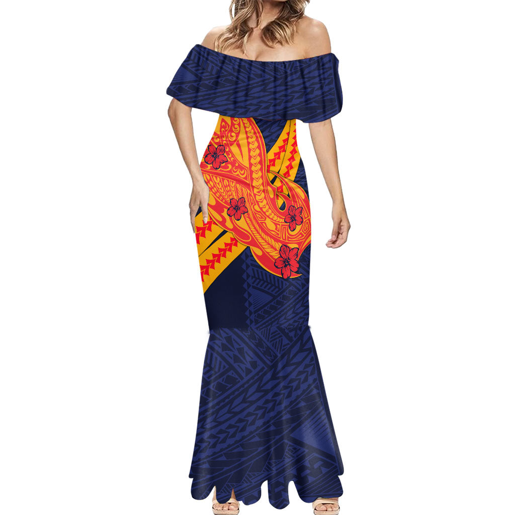 Personalized Adelaide Crows Mermaid Dress Polynesian Tribal Crow Mascot With Hibiscus Floral Art
