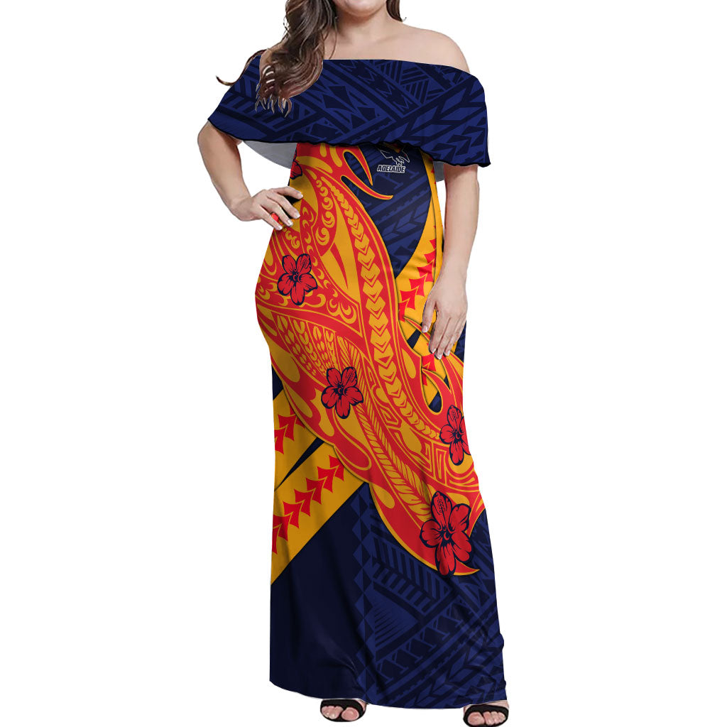 Personalized Adelaide Crows Off Shoulder Maxi Dress Polynesian Tribal Crow Mascot With Hibiscus Floral Art