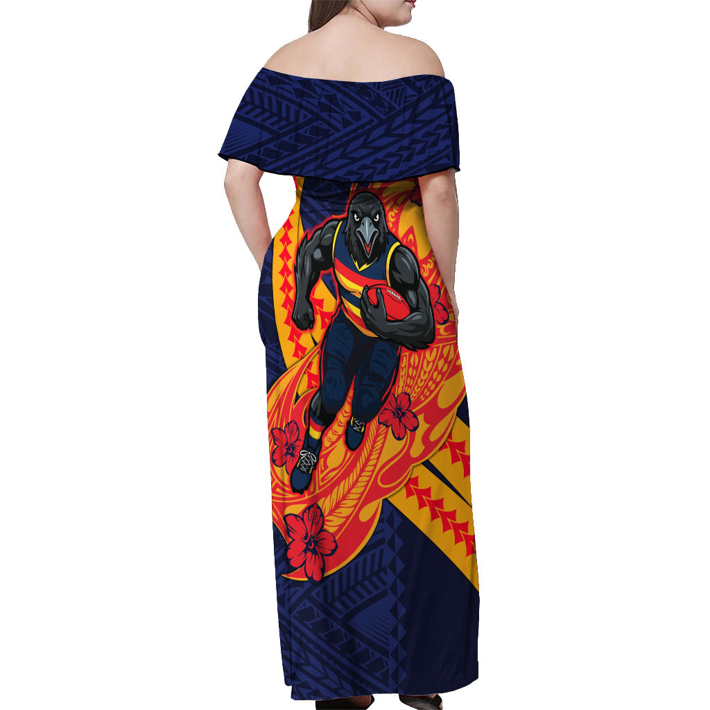 Personalized Adelaide Crows Off Shoulder Maxi Dress Polynesian Tribal Crow Mascot With Hibiscus Floral Art