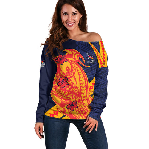 Personalized Adelaide Crows Off Shoulder Sweater Polynesian Tribal Crow Mascot With Hibiscus Floral Art