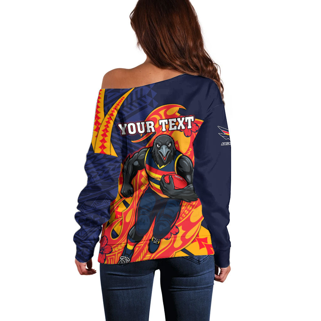Personalized Adelaide Crows Off Shoulder Sweater Polynesian Tribal Crow Mascot With Hibiscus Floral Art