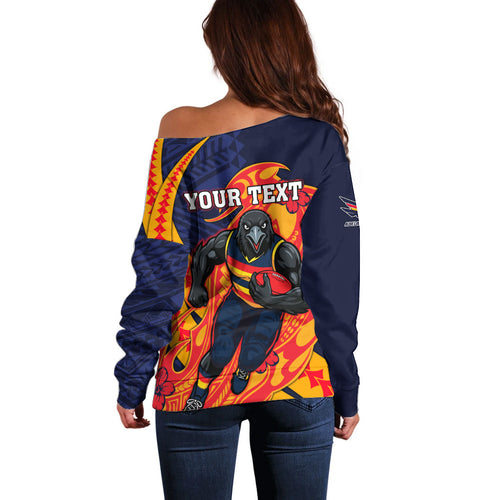 Personalized Adelaide Crows Off Shoulder Sweater Polynesian Tribal Crow Mascot With Hibiscus Floral Art