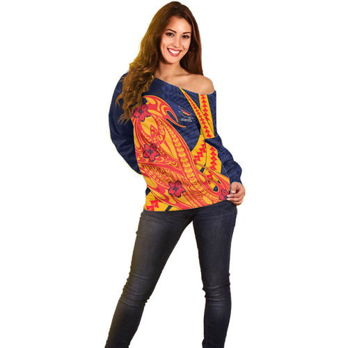Personalized Adelaide Crows Off Shoulder Sweater Polynesian Tribal Crow Mascot With Hibiscus Floral Art
