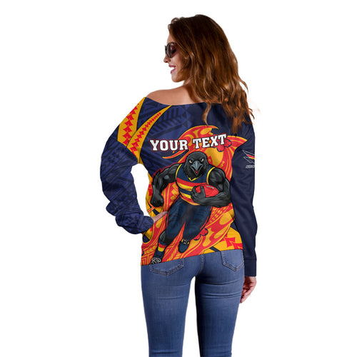 Personalized Adelaide Crows Off Shoulder Sweater Polynesian Tribal Crow Mascot With Hibiscus Floral Art