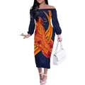 Personalized Adelaide Crows Off The Shoulder Long Sleeve Dress Polynesian Tribal Crow Mascot With Hibiscus Floral Art