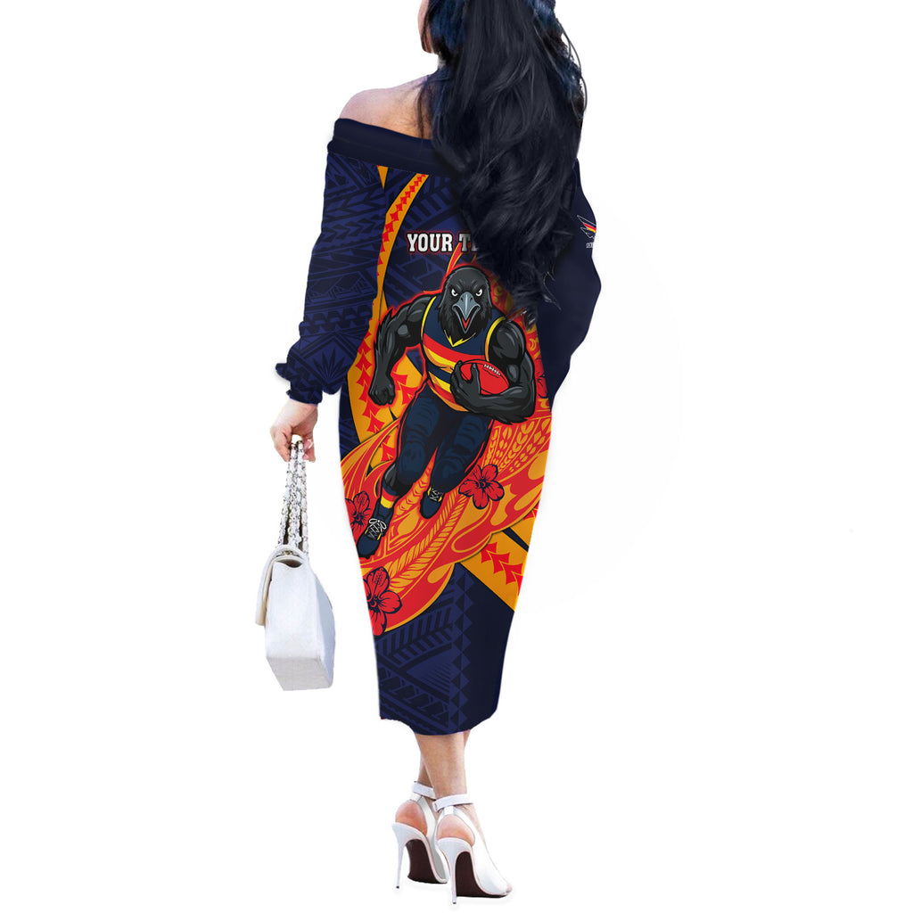 Personalized Adelaide Crows Off The Shoulder Long Sleeve Dress Polynesian Tribal Crow Mascot With Hibiscus Floral Art