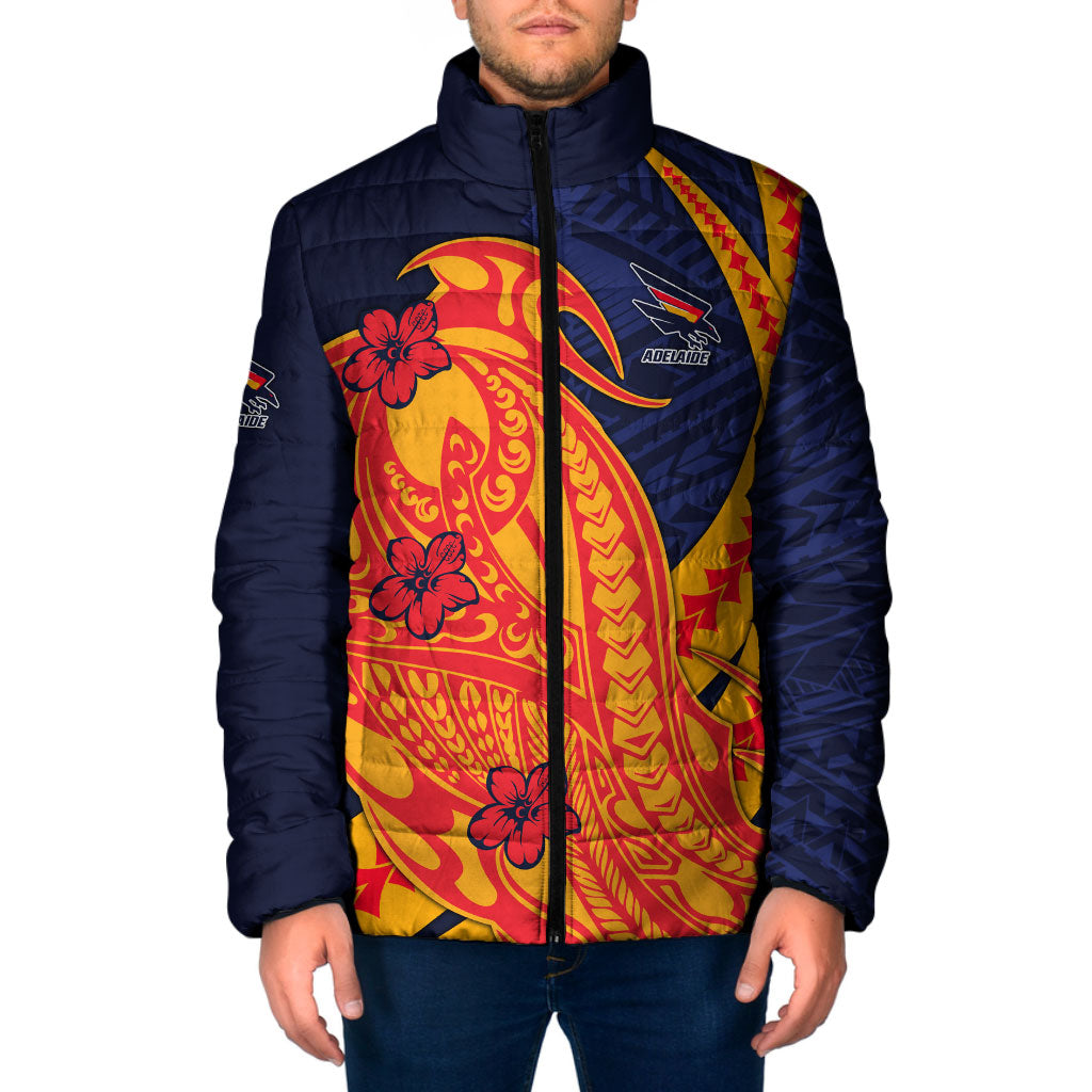 Personalized Adelaide Crows Padded Jacket Polynesian Tribal Crow Mascot With Hibiscus Floral Art