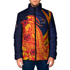 Personalized Adelaide Crows Padded Jacket Polynesian Tribal Crow Mascot With Hibiscus Floral Art