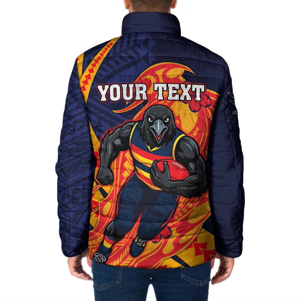 Personalized Adelaide Crows Padded Jacket Polynesian Tribal Crow Mascot With Hibiscus Floral Art