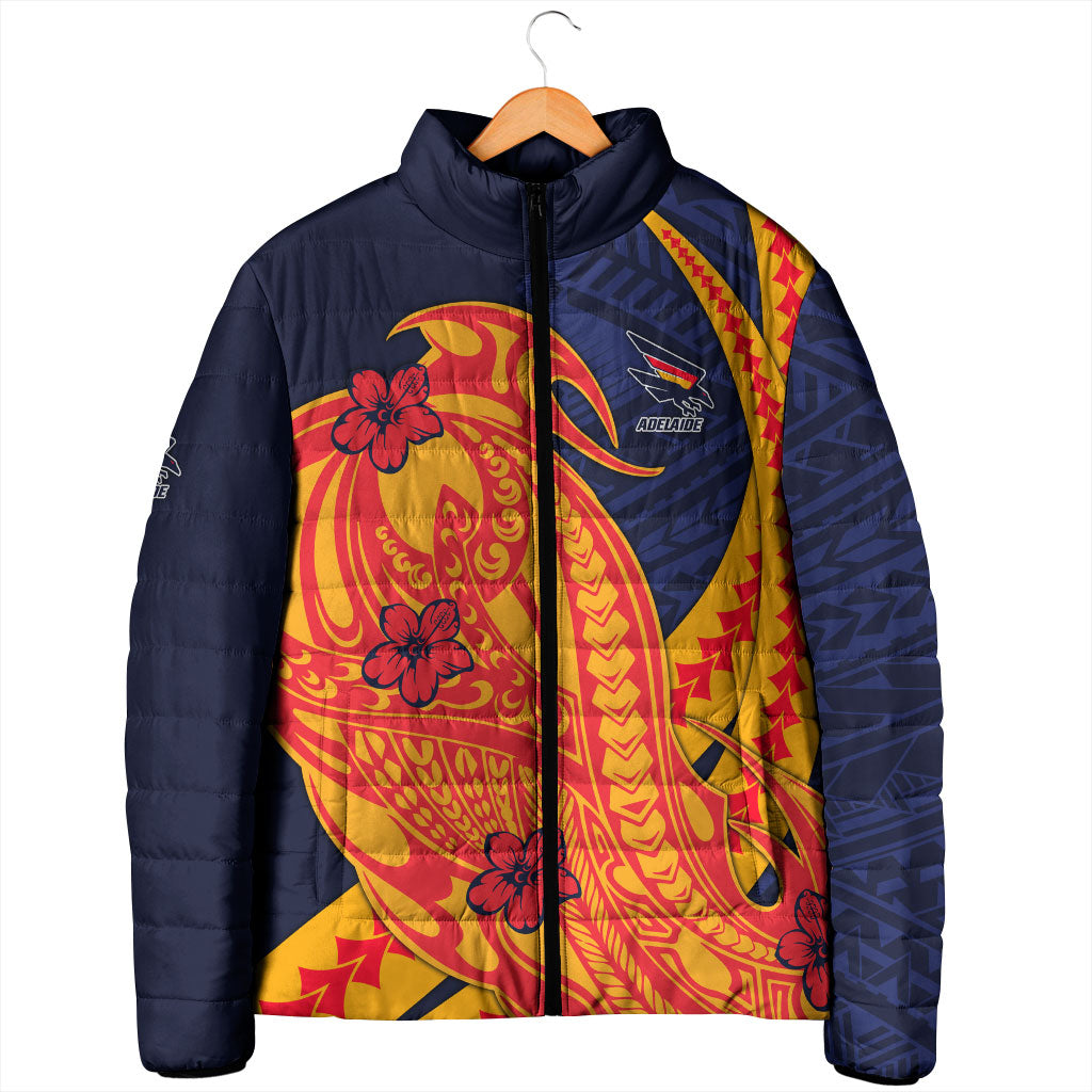 Personalized Adelaide Crows Padded Jacket Polynesian Tribal Crow Mascot With Hibiscus Floral Art