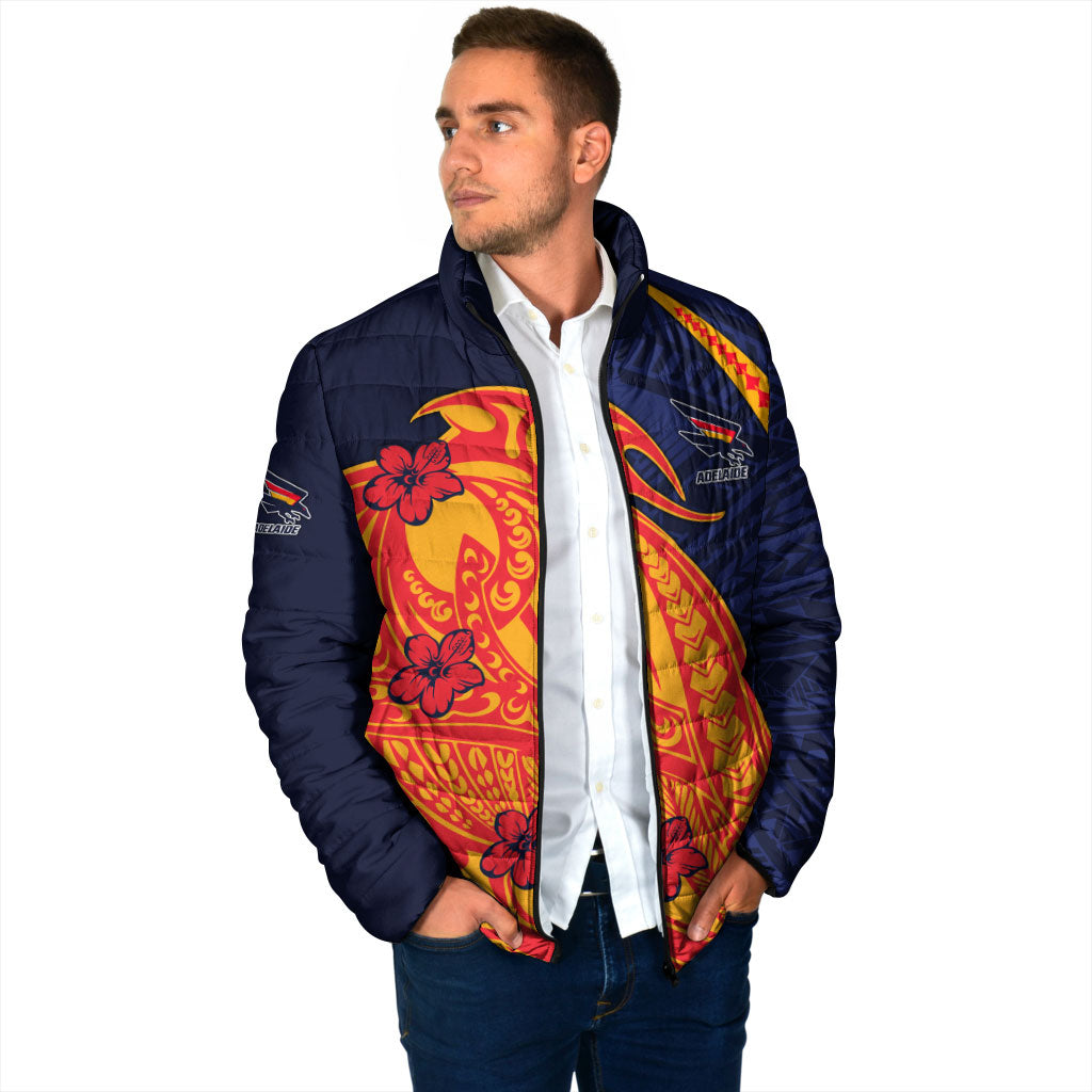 Personalized Adelaide Crows Padded Jacket Polynesian Tribal Crow Mascot With Hibiscus Floral Art