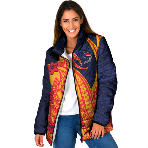 Personalized Adelaide Crows Padded Jacket Polynesian Tribal Crow Mascot With Hibiscus Floral Art