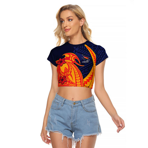 Personalized Adelaide Crows Raglan Cropped T Shirt Polynesian Tribal Crow Mascot With Hibiscus Floral Art