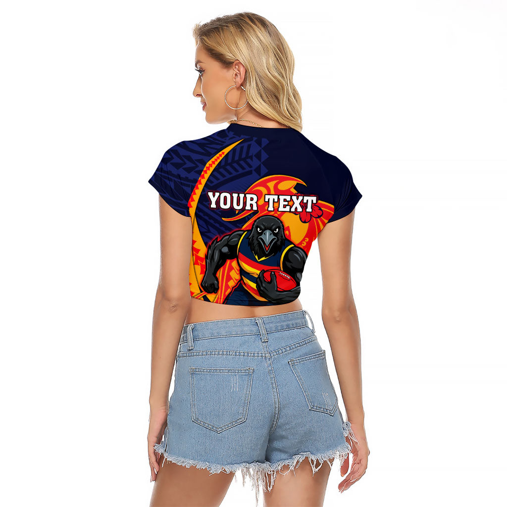 Personalized Adelaide Crows Raglan Cropped T Shirt Polynesian Tribal Crow Mascot With Hibiscus Floral Art