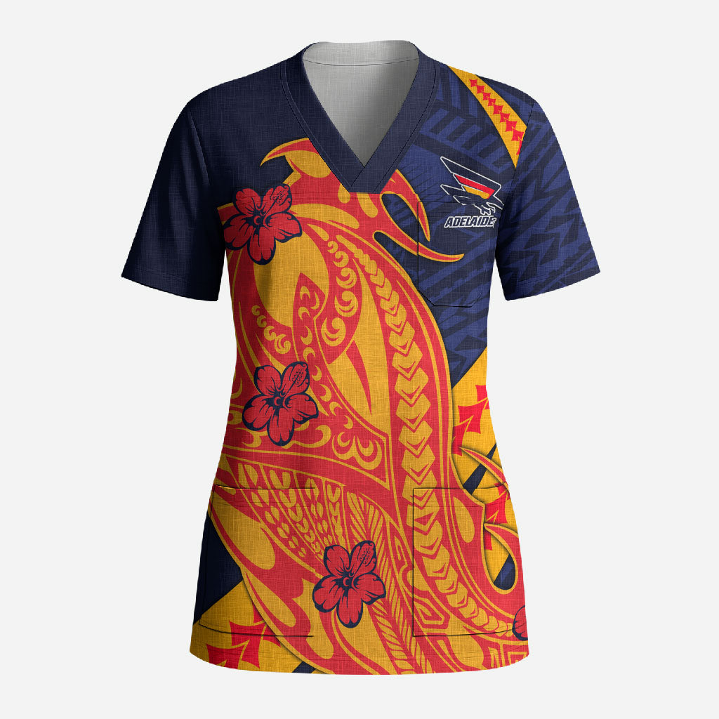 Personalized Adelaide Crows Scrub Top Polynesian Tribal Crow Mascot With Hibiscus Floral Art