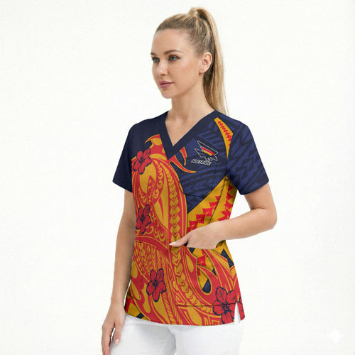 Personalized Adelaide Crows Scrub Top Polynesian Tribal Crow Mascot With Hibiscus Floral Art